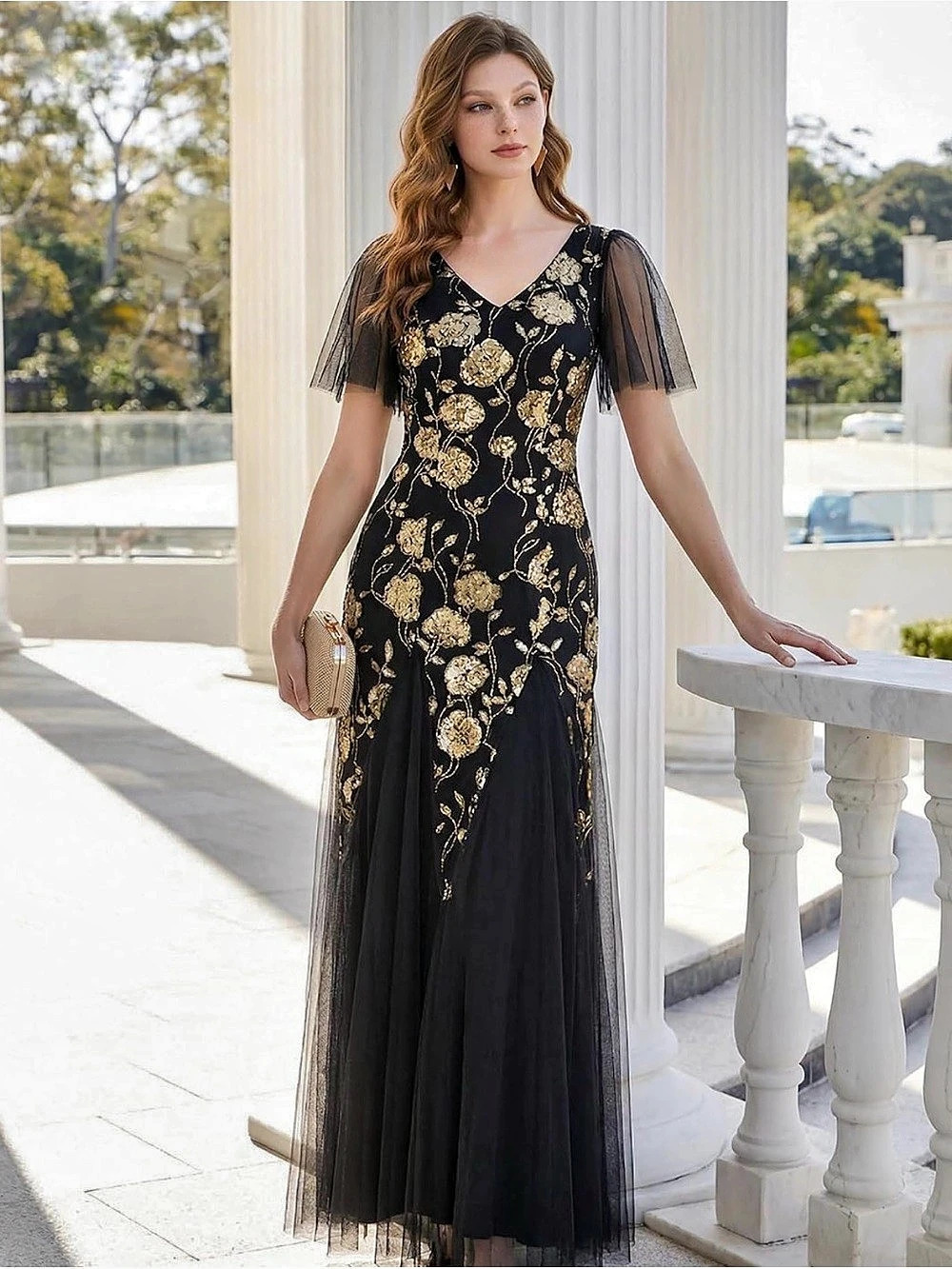 Ever-Pretty Floral Embroidered Sequin Ruffle Sleeve Maxi Dress Black & Gold 4XL